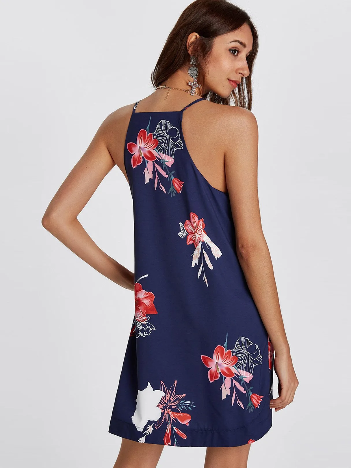 Wholesale Navy Round Floral Print Neck Sleeveless Curved Hem Dresses