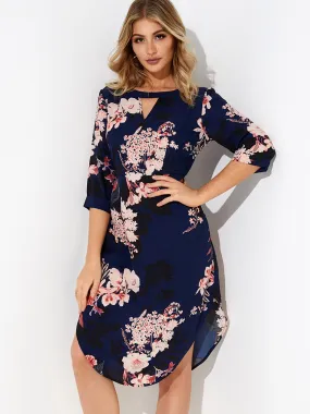 Wholesale Navy Round Neck 3/4 Sleeve Length Floral Print Cut Out Curved Hem Dresses