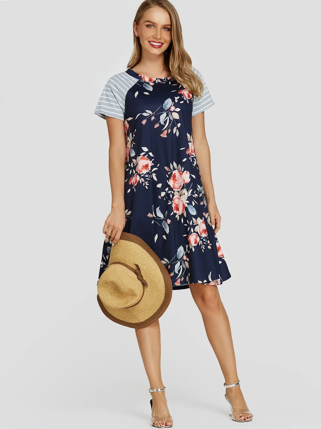 Wholesale Navy Round Neck Short Sleeve Stripe Floral Print Dresses