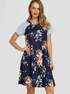 Wholesale Navy Round Neck Short Sleeve Stripe Floral Print Dresses