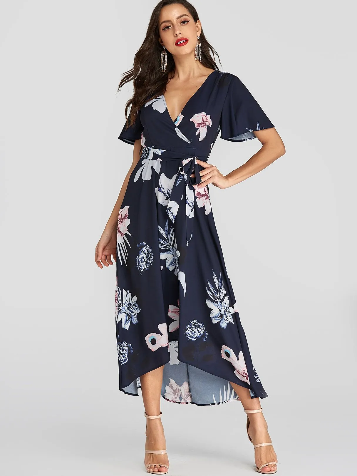 Wholesale Navy V-Neck Short Sleeve Floral Print Belt Self-Tie Wrap Irregular Hem Dresses