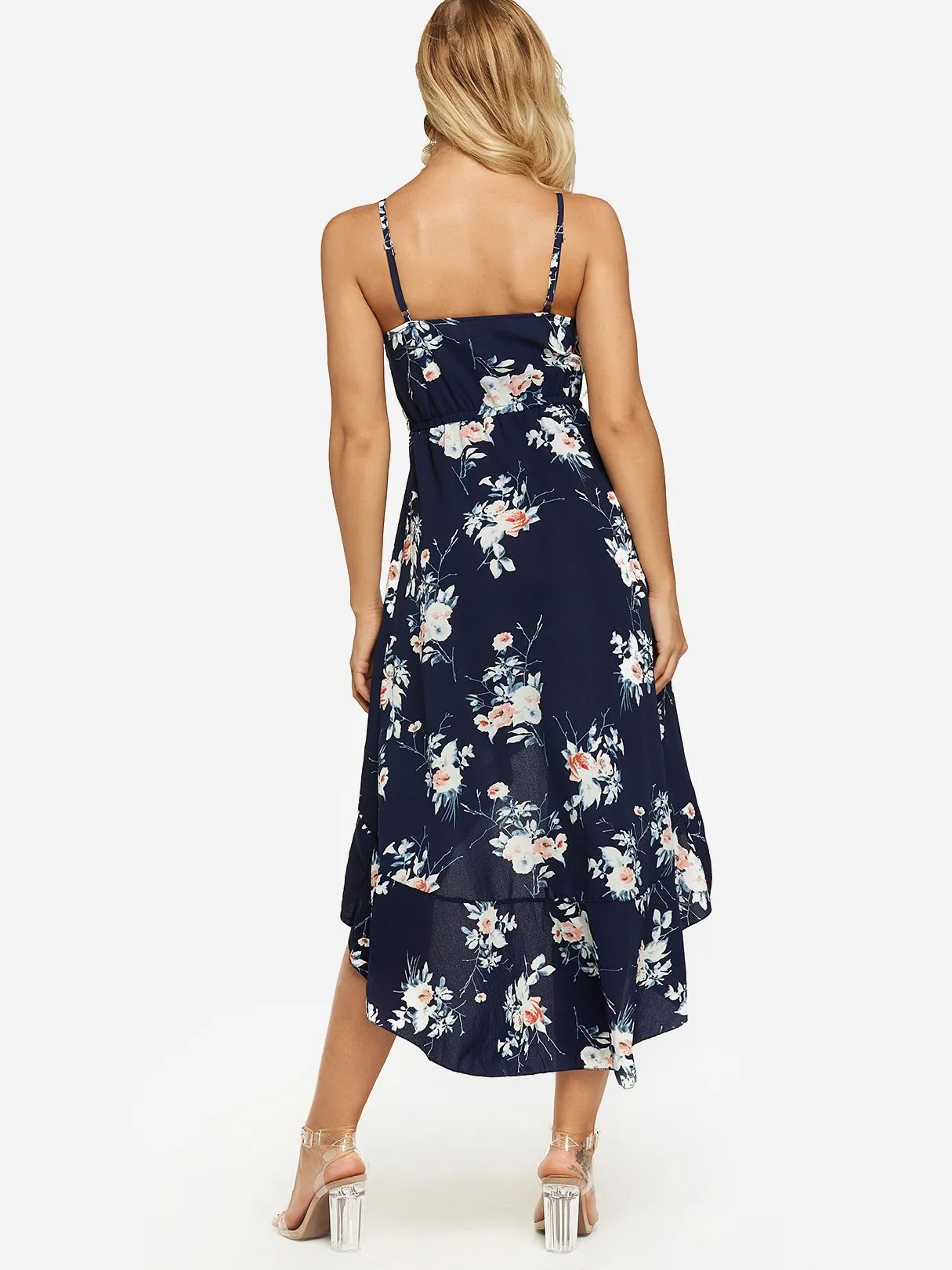 Wholesale Navy V-Neck Sleeveless Floral Print Backless Spaghetti Strap Flounced Hem Dresses