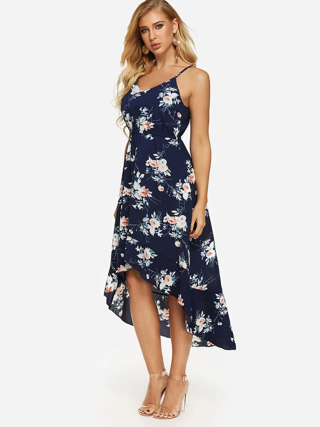 Wholesale Navy V-Neck Sleeveless Floral Print Backless Spaghetti Strap Flounced Hem Dresses