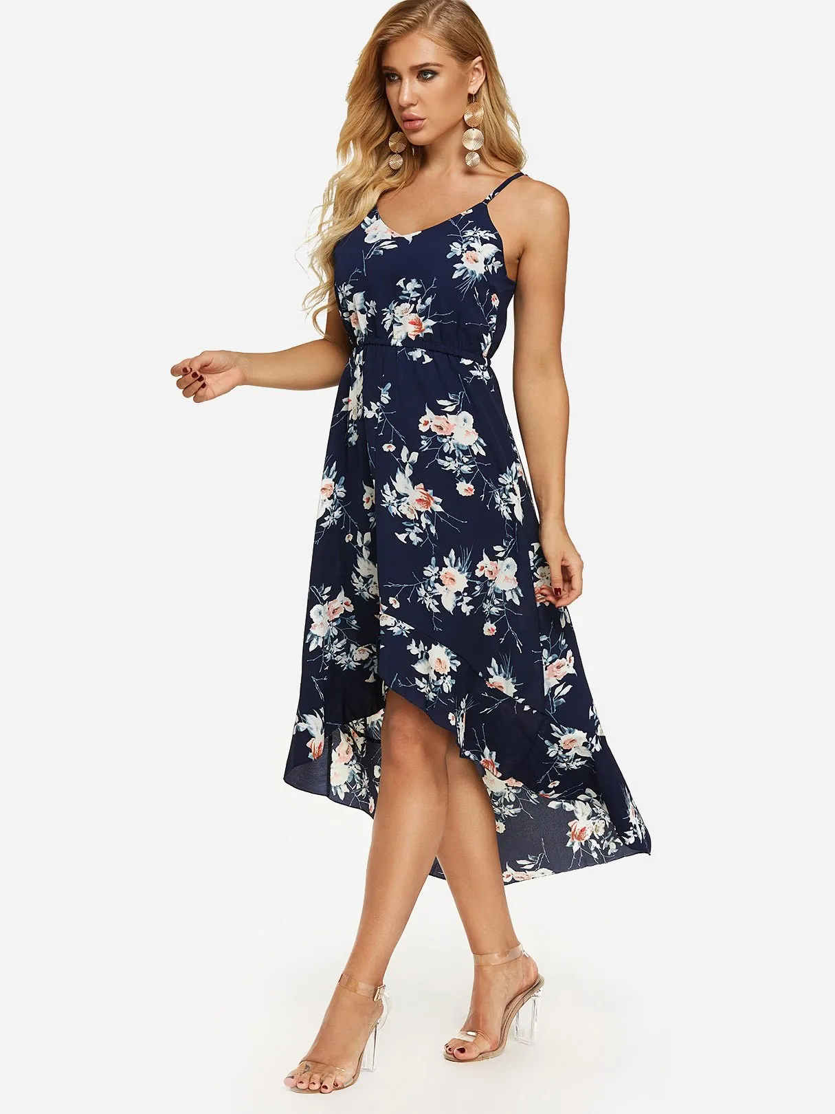 Wholesale Navy V-Neck Sleeveless Floral Print Backless Spaghetti Strap Flounced Hem Dresses