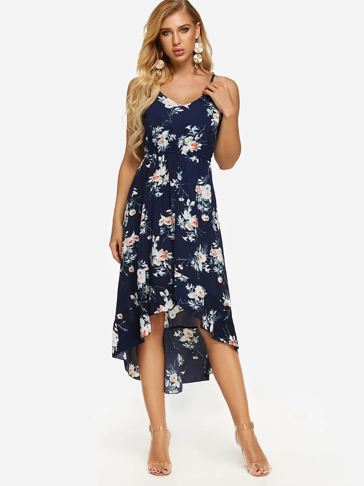 Wholesale Navy V-Neck Sleeveless Floral Print Backless Spaghetti Strap Flounced Hem Dresses