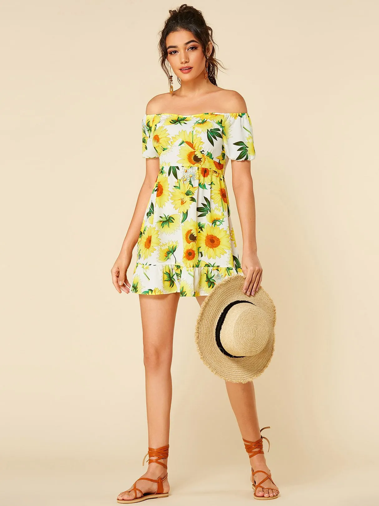 Wholesale Off The Shoulder Short Sleeve Floral Print Backless Flounced Hem Dresses