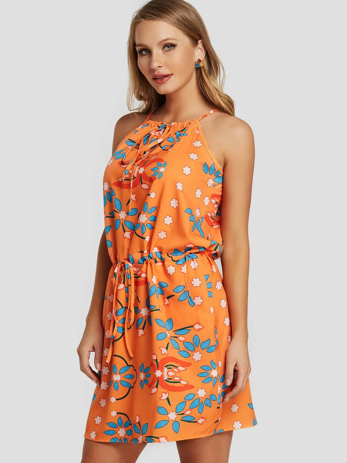 Wholesale Orange Halter Sleeveless Floral Print Side Pockets Dresses