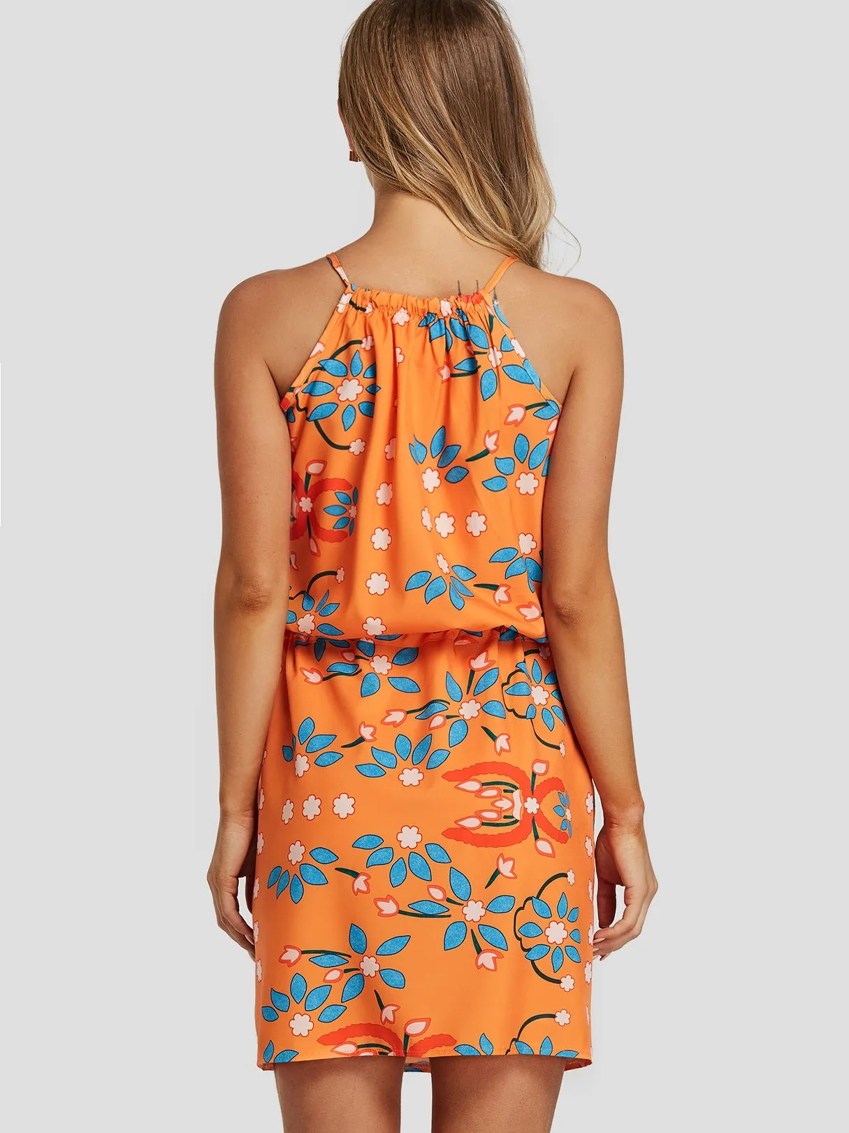 Wholesale Orange Halter Sleeveless Floral Print Side Pockets Dresses