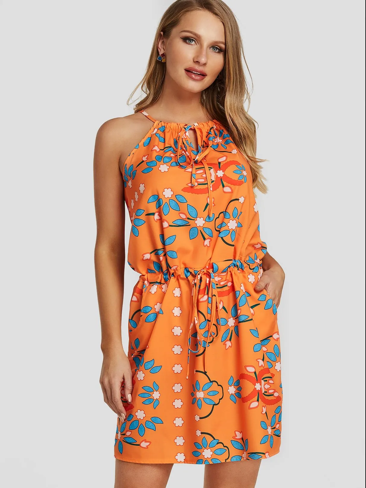 Wholesale Orange Halter Sleeveless Floral Print Side Pockets Dresses