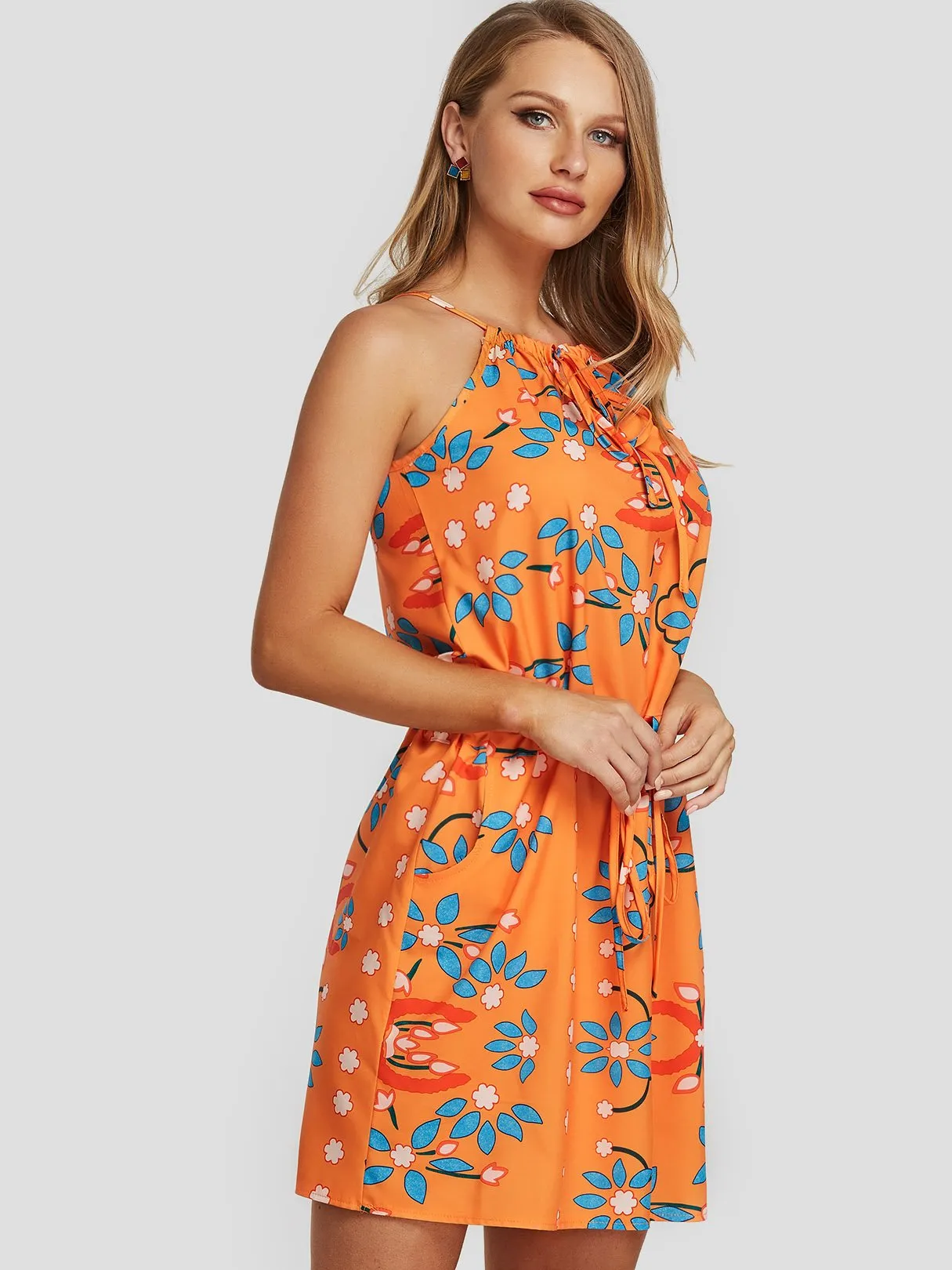 Wholesale Orange Halter Sleeveless Floral Print Side Pockets Dresses