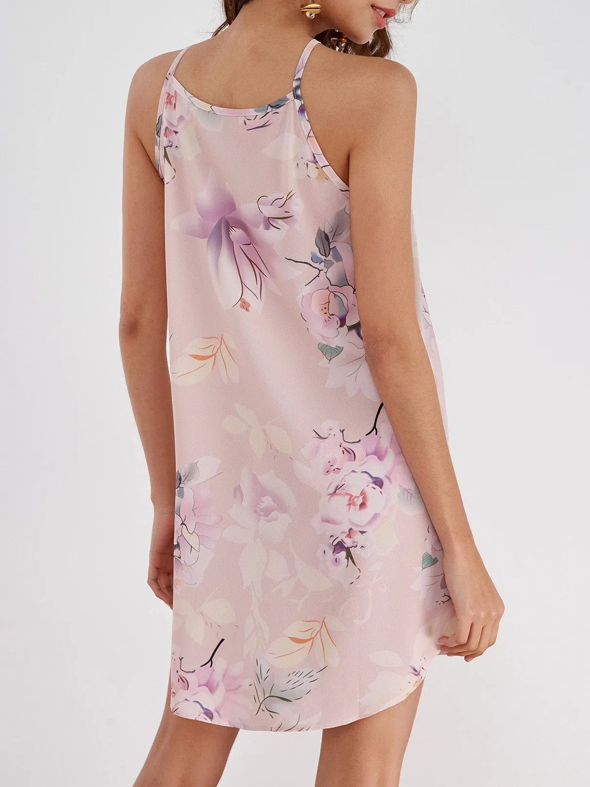 Wholesale Pink Crew Neck Cold Shoulder Sleeveless Floral Print Curved Hem Dress