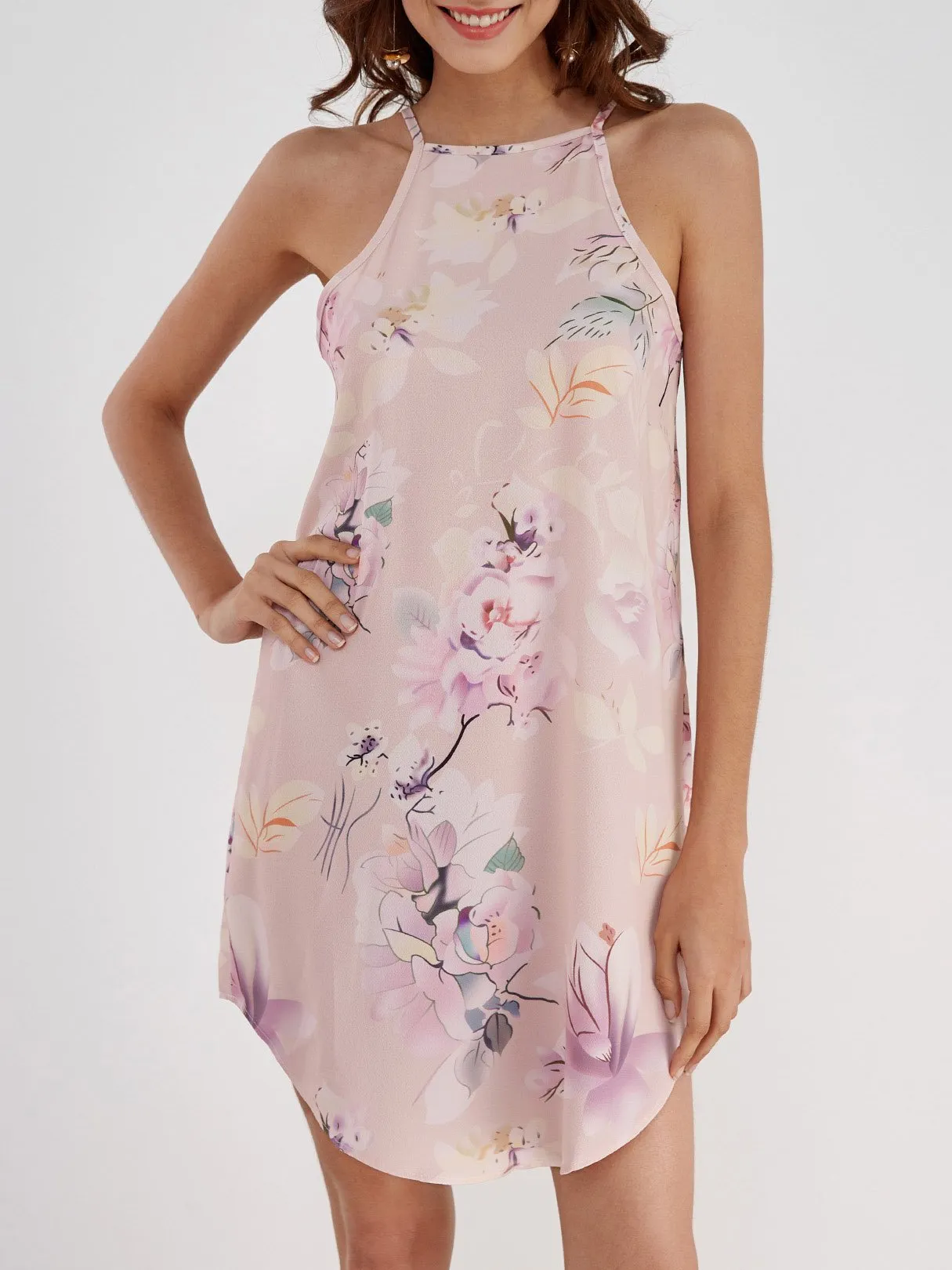 Wholesale Pink Crew Neck Cold Shoulder Sleeveless Floral Print Curved Hem Dress