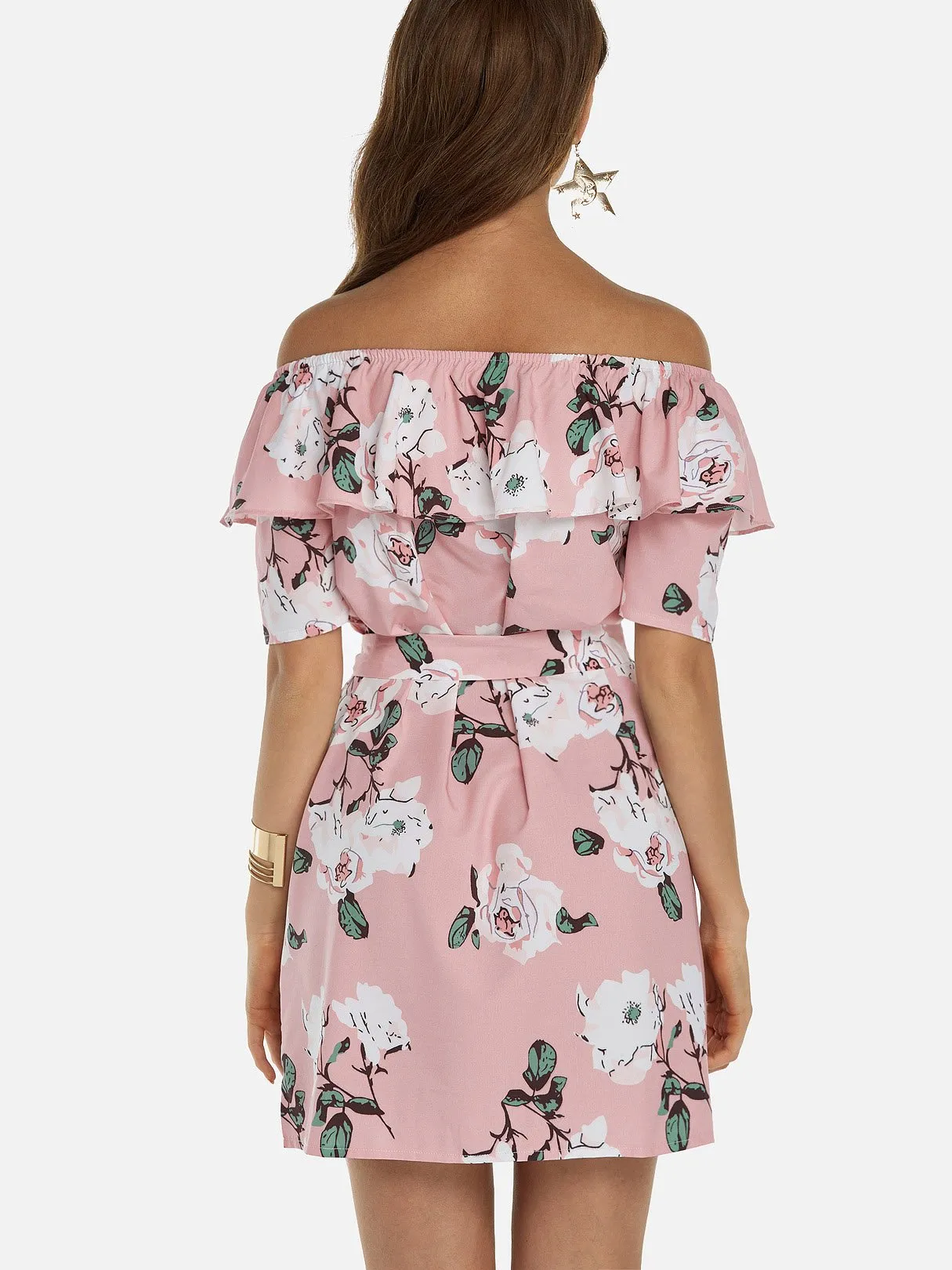 Wholesale Pink Off The Shoulder Short Sleeve Floral Print Backless Self-Tie Flounced Hem Dresses