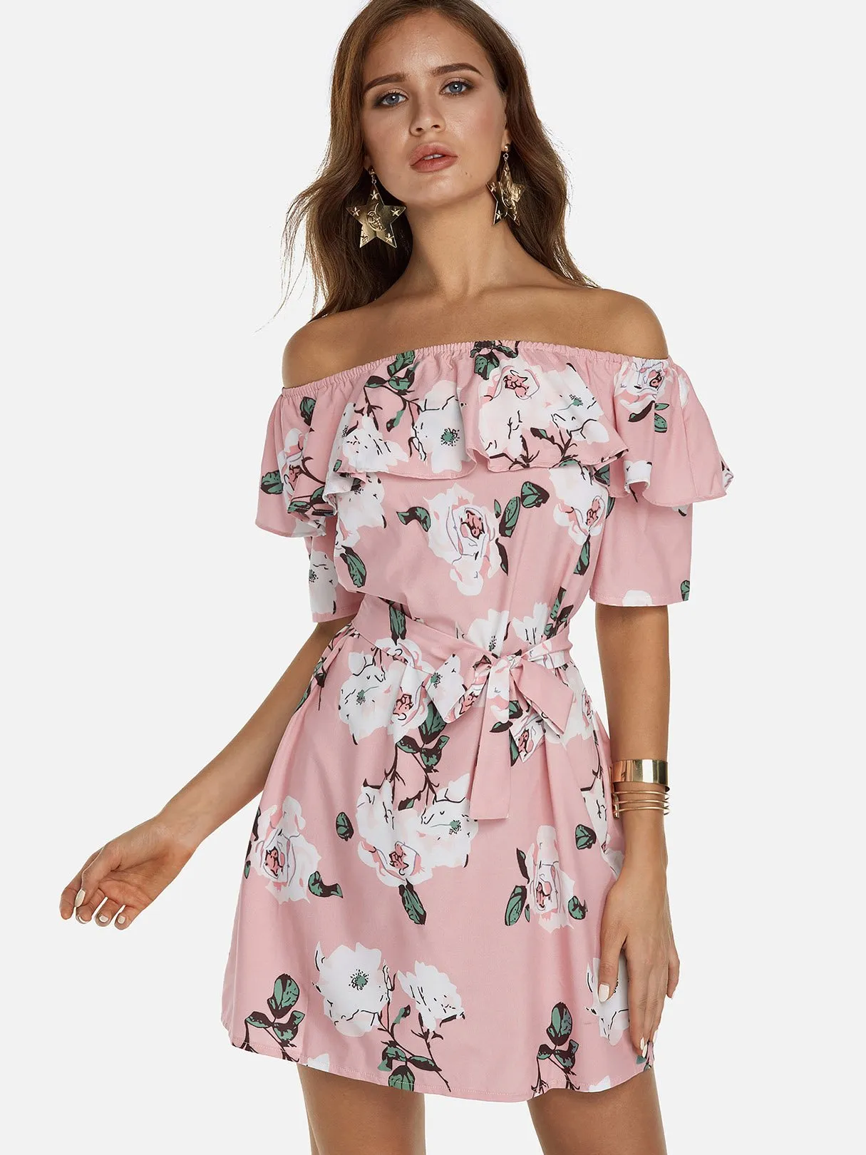 Wholesale Pink Off The Shoulder Short Sleeve Floral Print Backless Self-Tie Flounced Hem Dresses