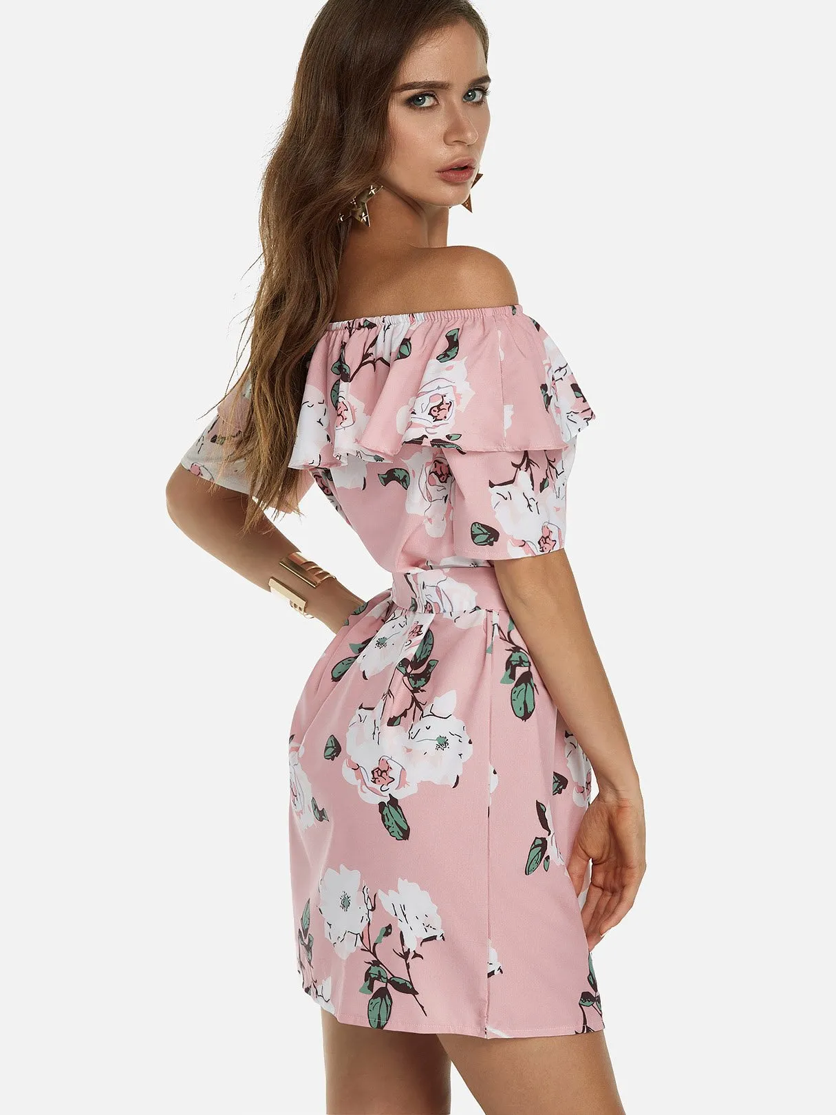 Wholesale Pink Off The Shoulder Short Sleeve Floral Print Backless Self-Tie Flounced Hem Dresses