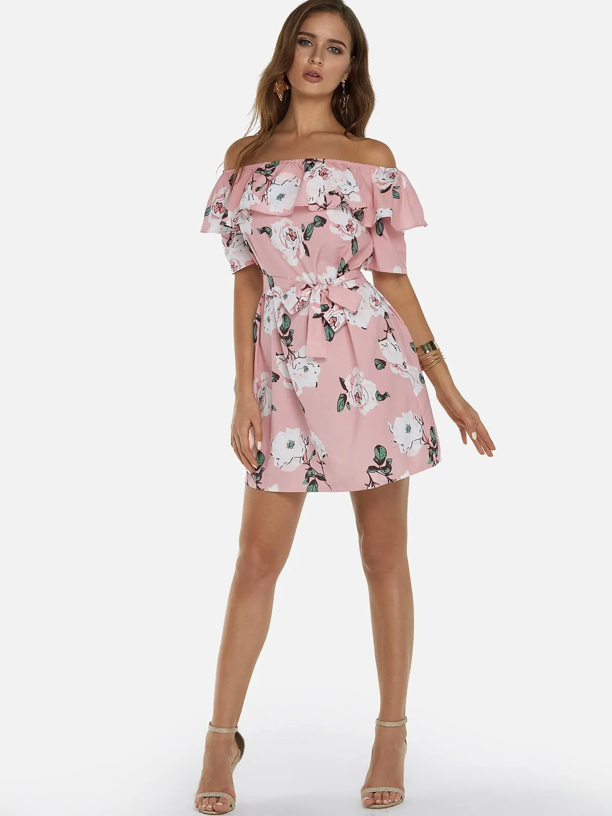 Wholesale Pink Off The Shoulder Short Sleeve Floral Print Backless Self-Tie Flounced Hem Dresses