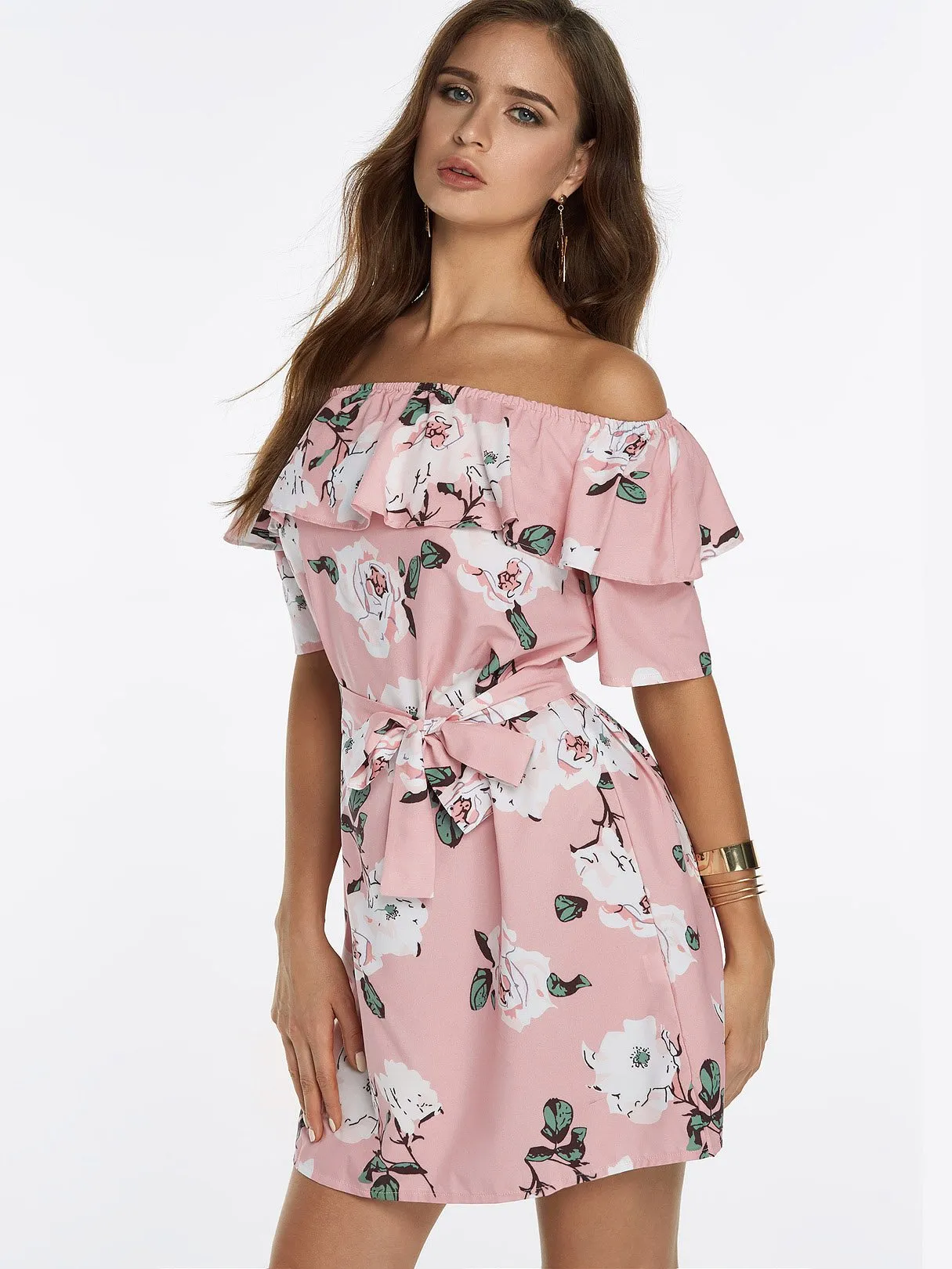 Wholesale Pink Off The Shoulder Short Sleeve Floral Print Backless Self-Tie Flounced Hem Dresses