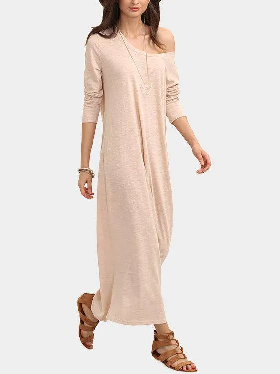 Wholesale Pink Round Neck One Shoulder Long Sleeve Plain Maxi Dresses