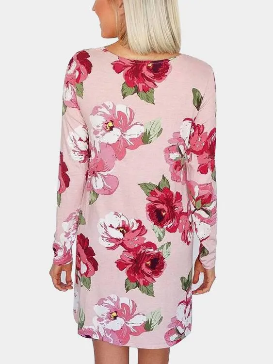 Wholesale Pink V-Neck Long Sleeve Floral Print Dresses