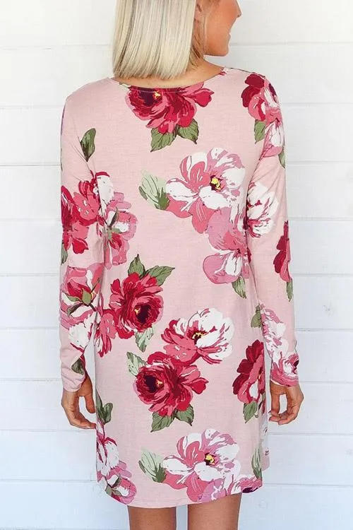 Wholesale Pink V-Neck Long Sleeve Floral Print Dresses