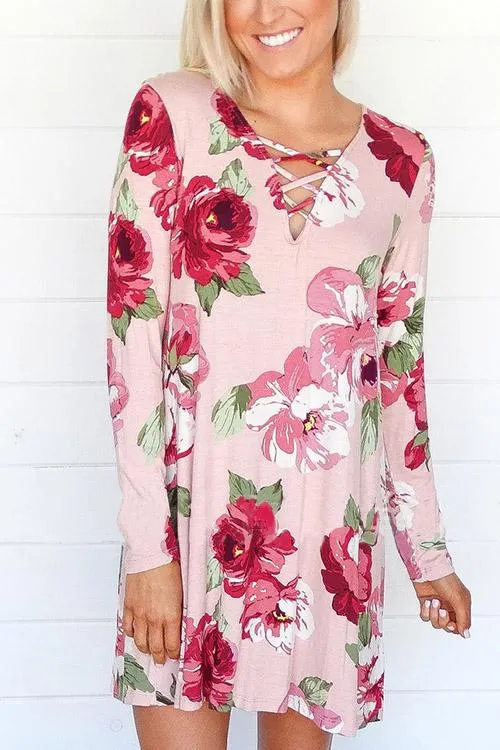 Wholesale Pink V-Neck Long Sleeve Floral Print Dresses