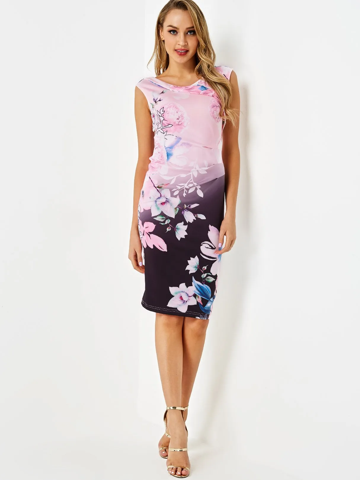 Wholesale Pink V-Neck Sleeveless Floral Print Crossed Front Backless Dresses