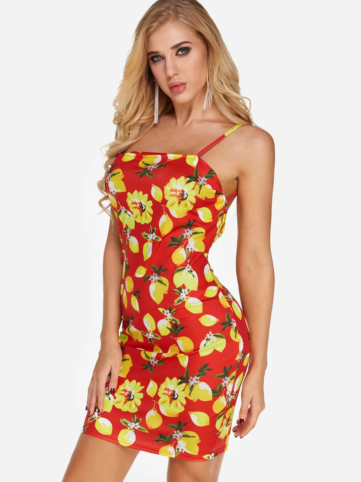 Wholesale Red Sleeveless Floral Print Zip Back Backless Dresses