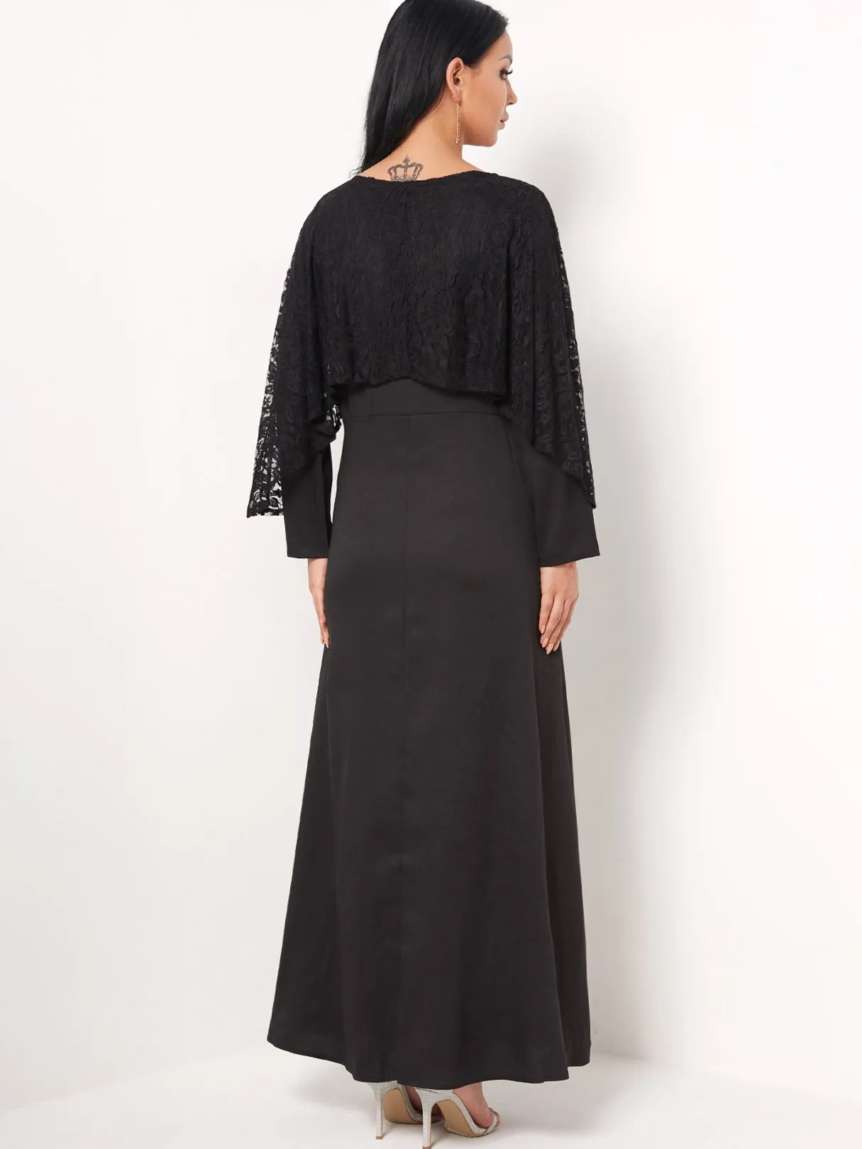 Wholesale Round Neck Long Sleeve Plain Lace Maxi Dress