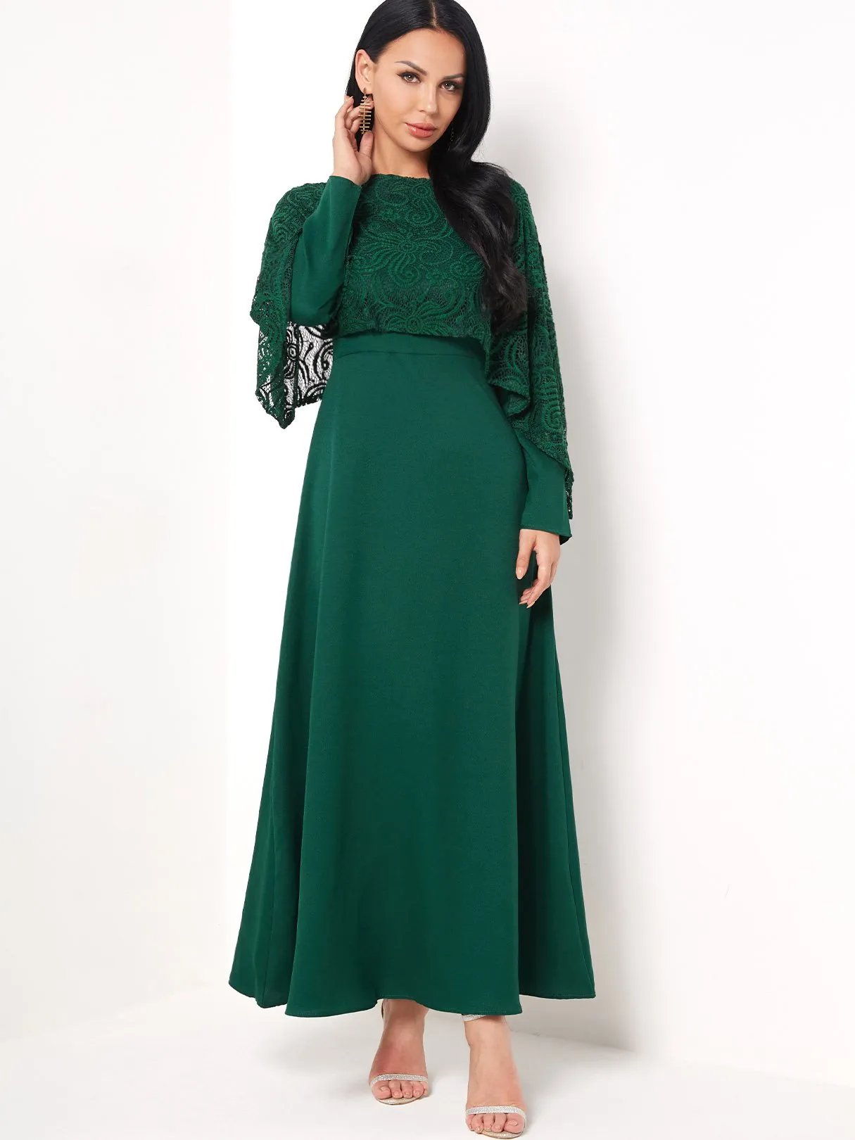 Wholesale Round Neck Long Sleeve Plain Lace Maxi Dress