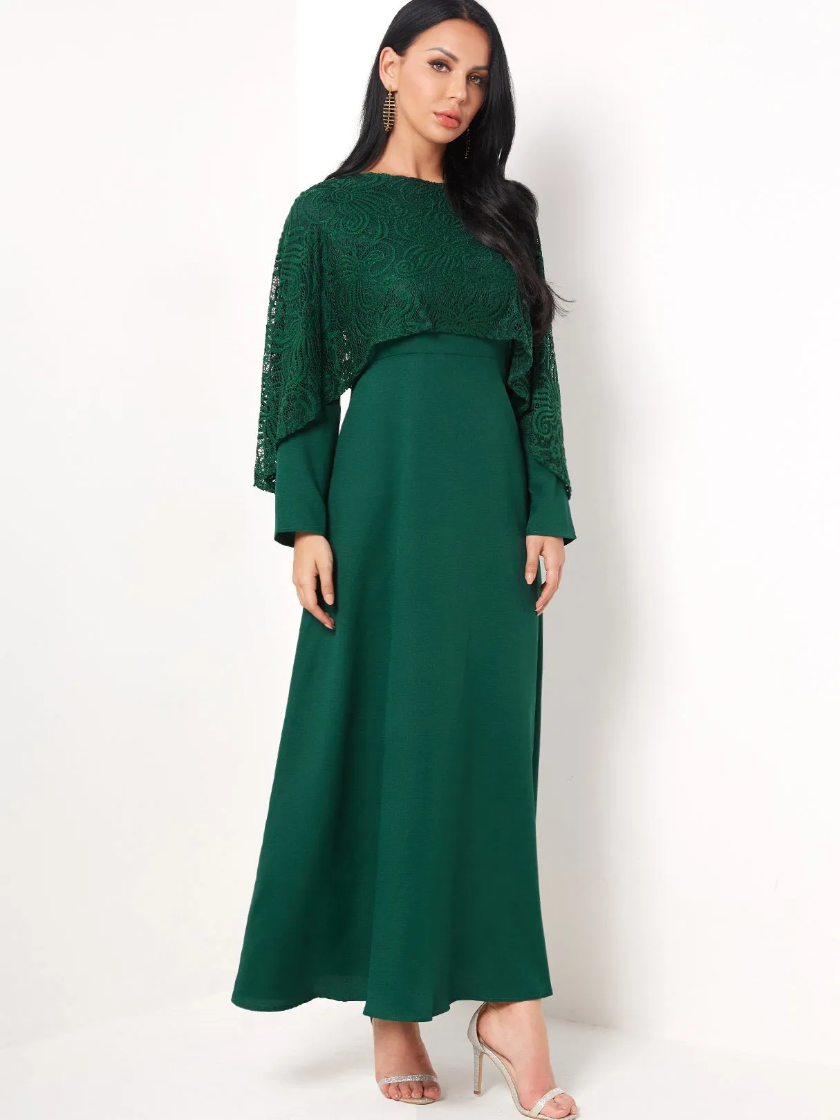 Wholesale Round Neck Long Sleeve Plain Lace Maxi Dress