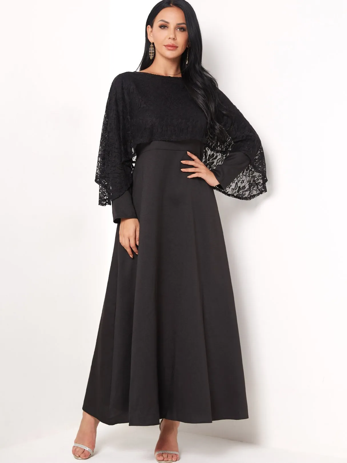 Wholesale Round Neck Long Sleeve Plain Lace Maxi Dress