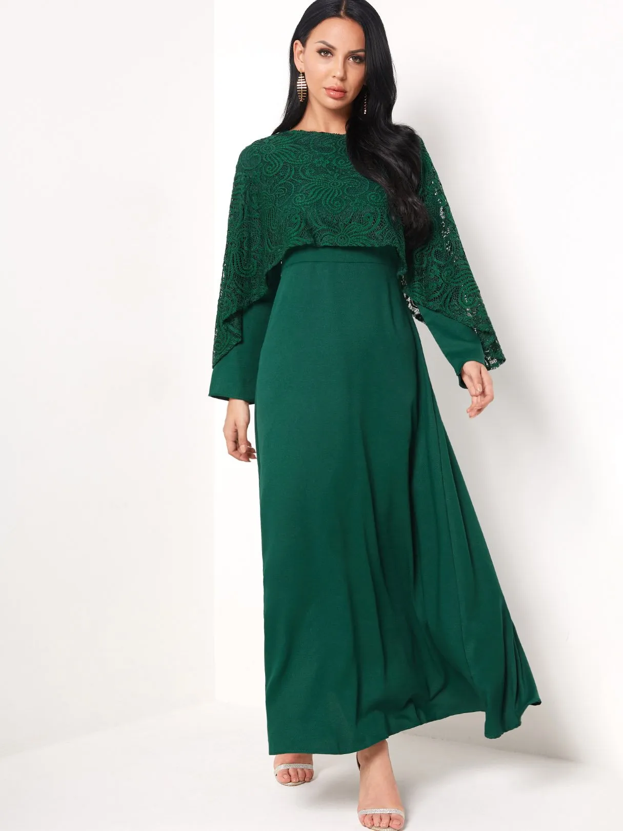 Wholesale Round Neck Long Sleeve Plain Lace Maxi Dress