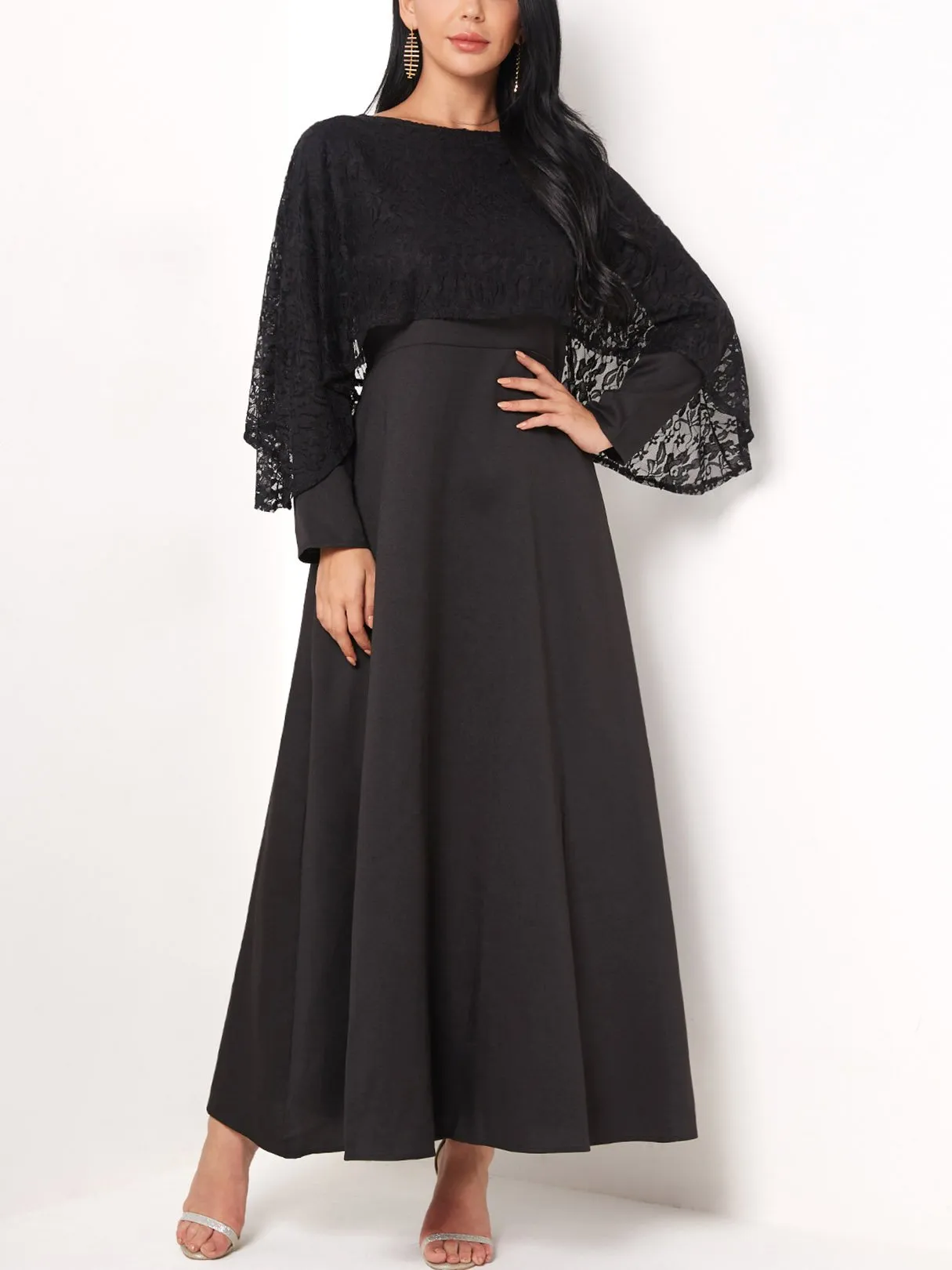 Wholesale Round Neck Long Sleeve Plain Lace Maxi Dress