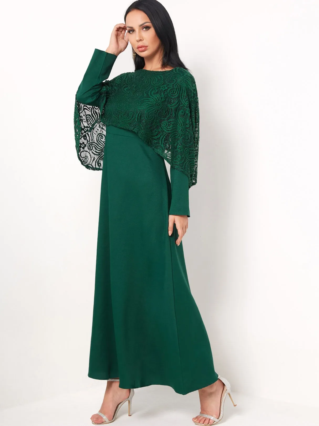 Wholesale Round Neck Long Sleeve Plain Lace Maxi Dress