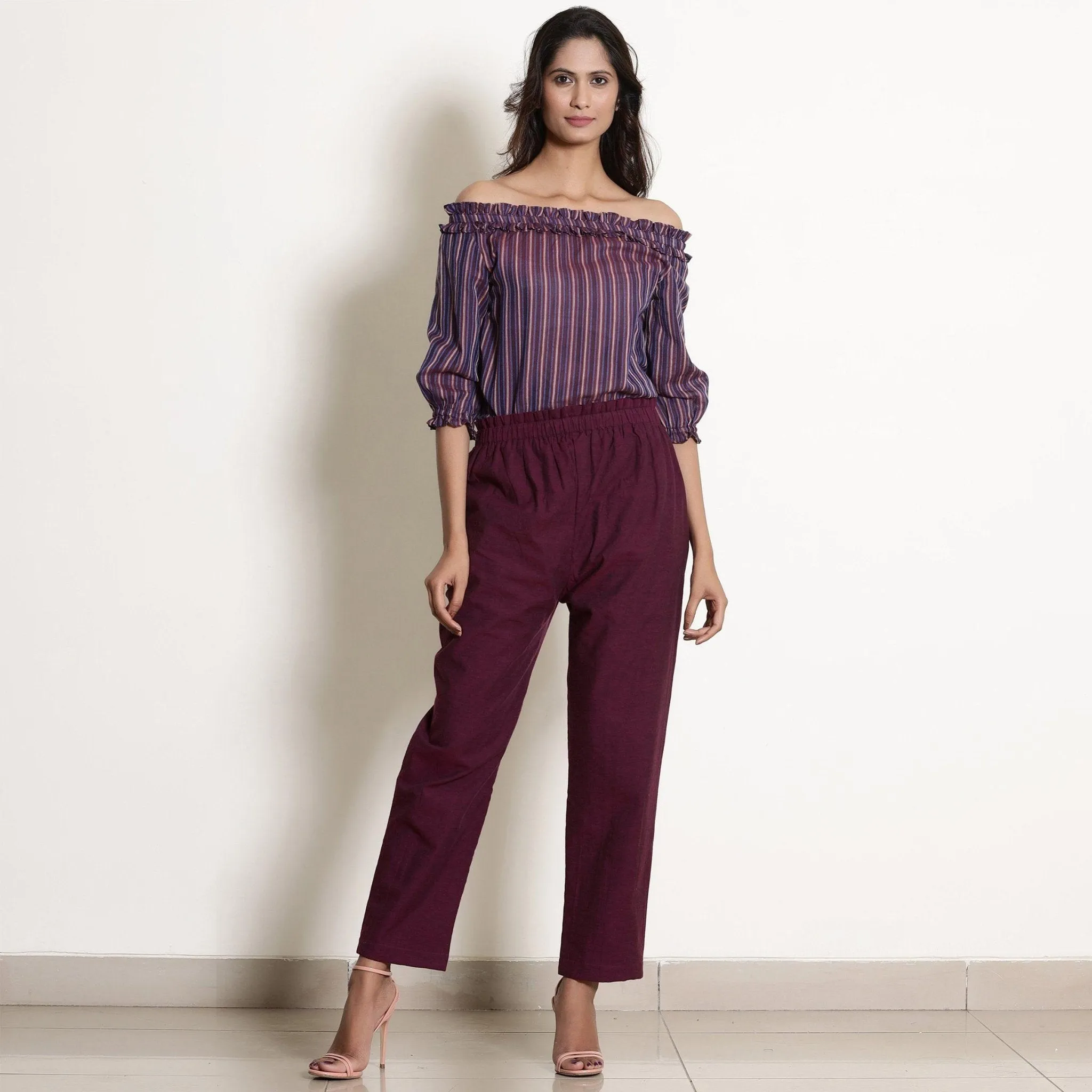 Wine Cotton Off-Shoulder Top and Berry Wine Paperbag Pant Co-ord Set