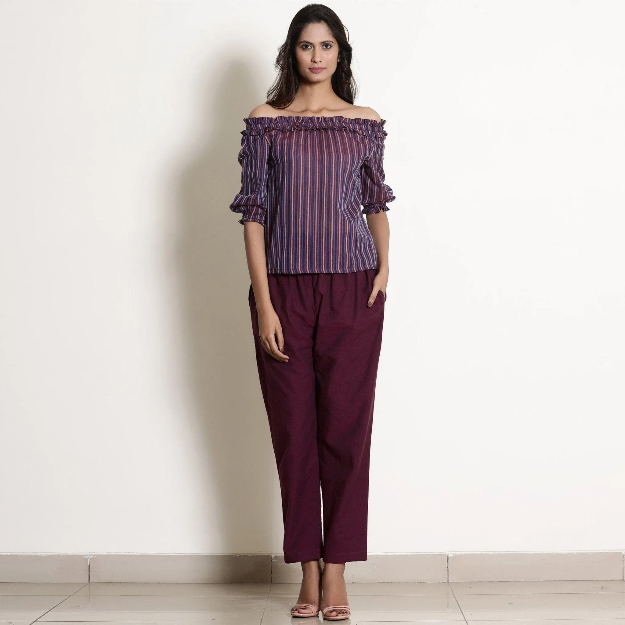 Wine Cotton Off-Shoulder Top and Berry Wine Paperbag Pant Co-ord Set