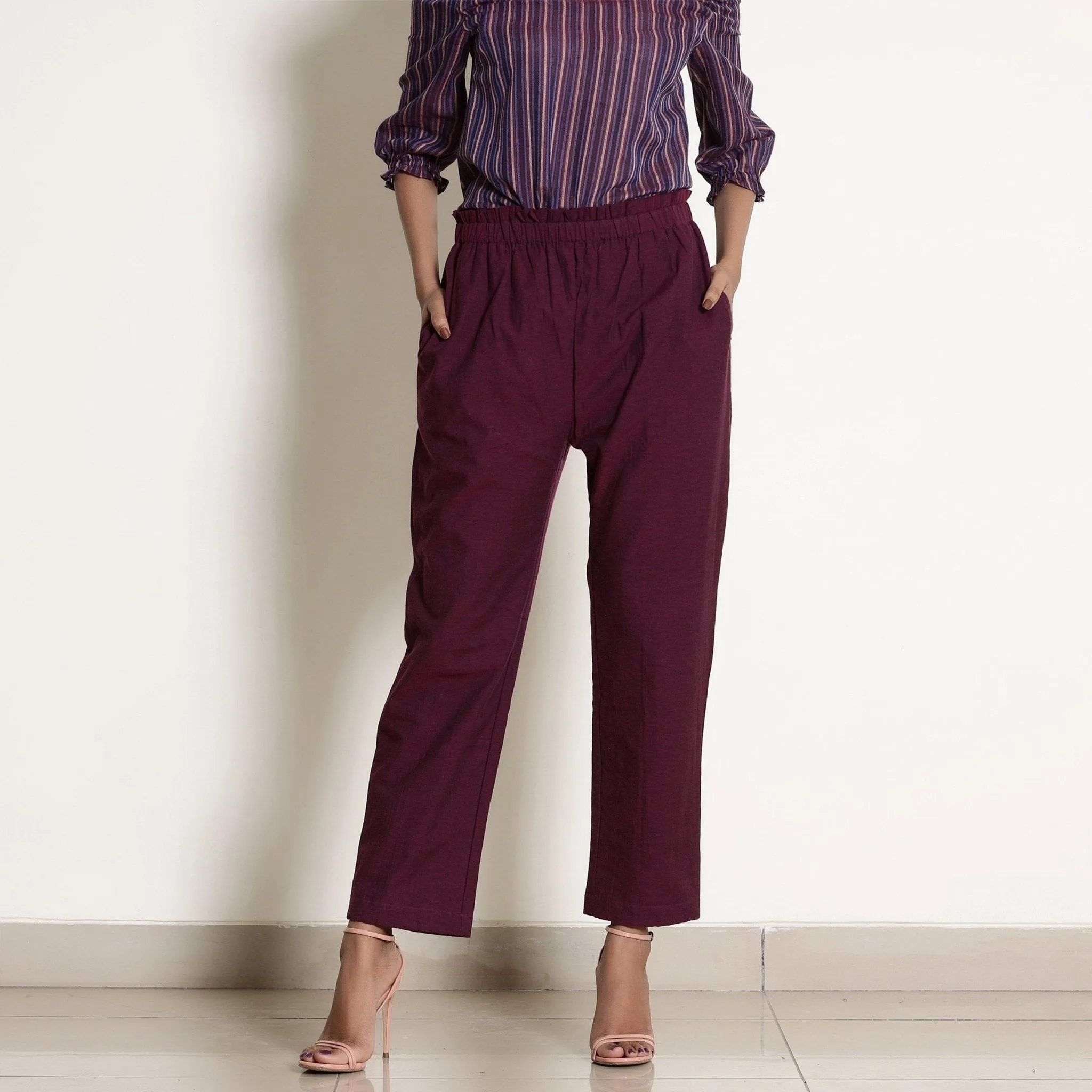 Wine Cotton Off-Shoulder Top and Berry Wine Paperbag Pant Co-ord Set