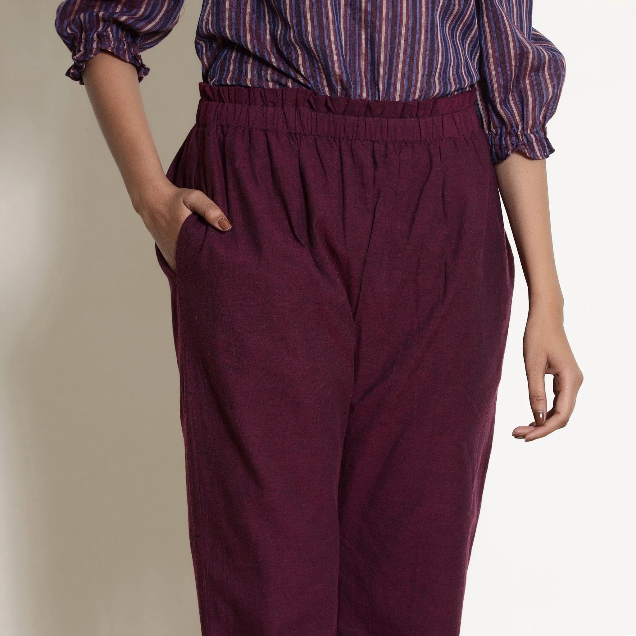 Wine Cotton Off-Shoulder Top and Berry Wine Paperbag Pant Co-ord Set