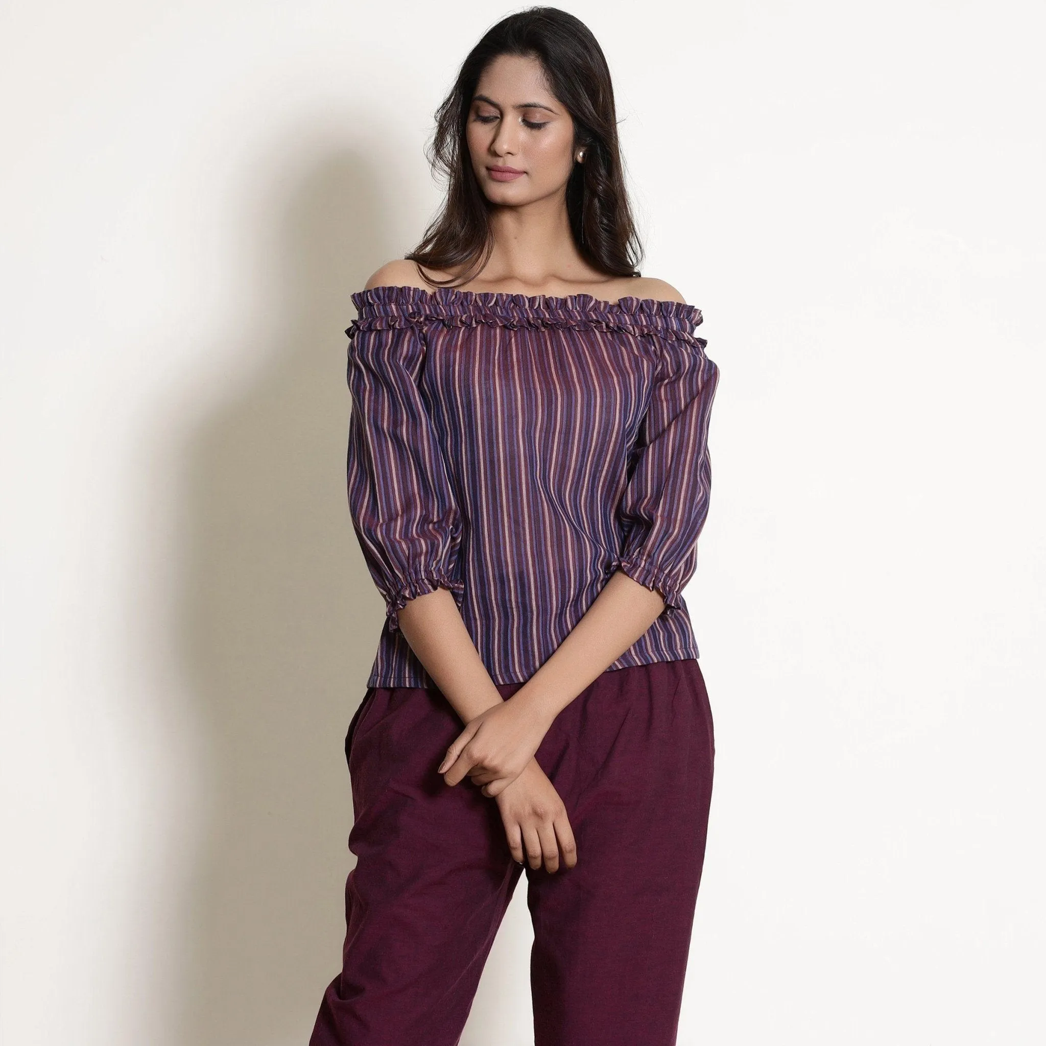 Wine Cotton Off-Shoulder Top and Berry Wine Paperbag Pant Co-ord Set